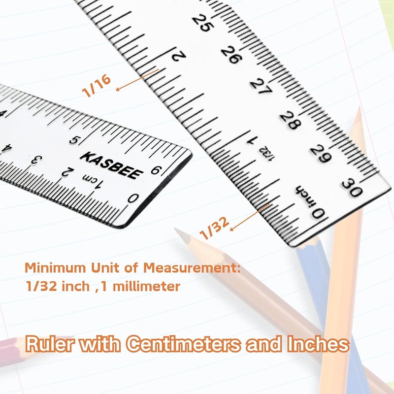 KASBEE Plastic Rulers, 6 Inch Ruler, 12 Inch Ruler, Clear Ruler with Centimeters and Inches, Straight Plastic Ruler Set for Students School and Office - Image 2